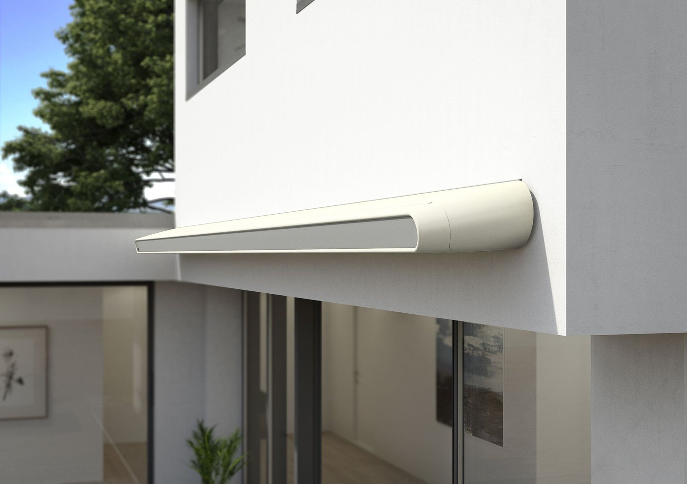 Wandmontierte Vollkassette der markilux MX-1 compact in Cremeweiß – bündiger Anschluss an weißer Fassade