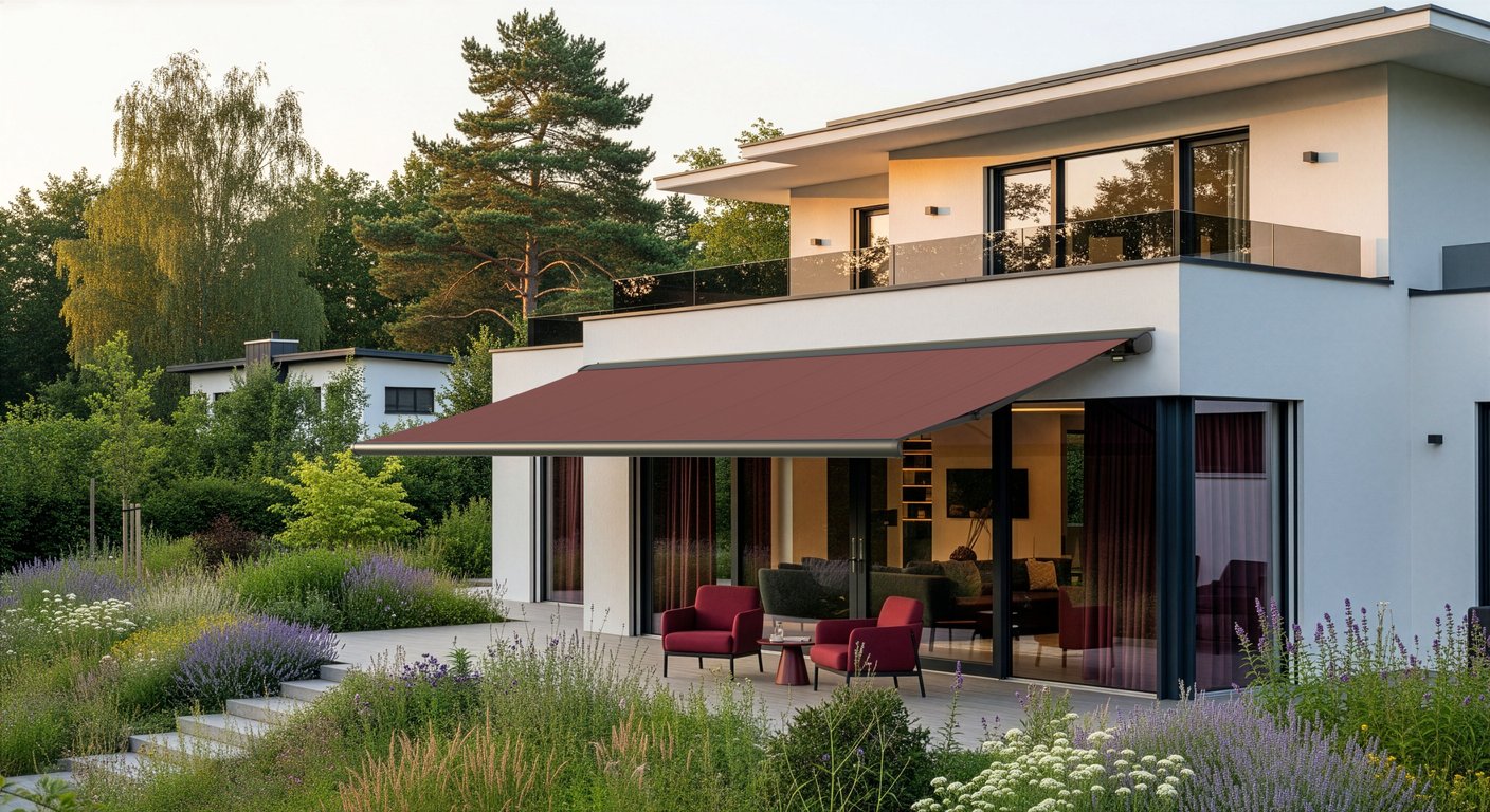 Kassettenmarkise markilux 6000 mit dunkelrotem Tuch, ausgefahren über der Terrasse eines modernen Hauses im Abendlicht